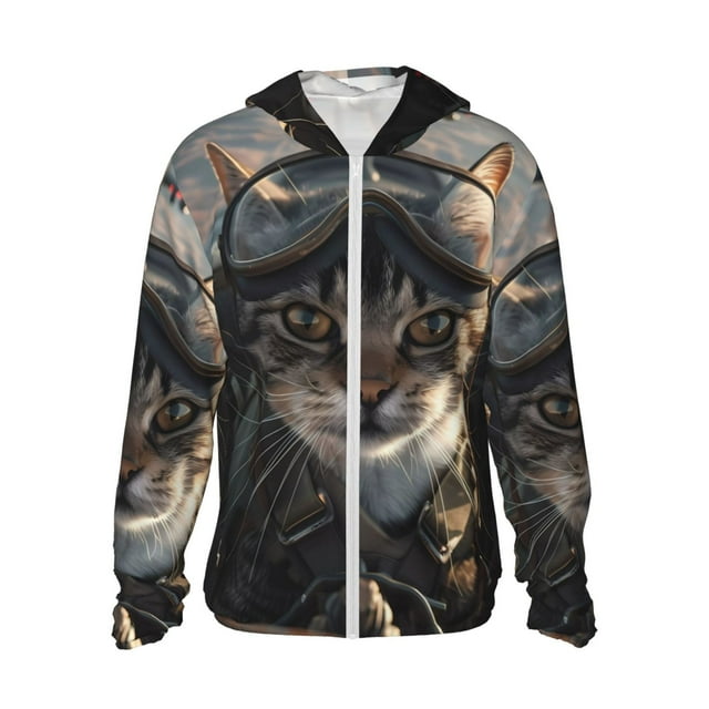 Vsdgher Pilot Cat In Vintage Plane Print Adult Hoodie Shirts Rash Guard for Men Women,Long Sleeve Sun Protection Fishing Shirts for Athletic Running Swim-Small