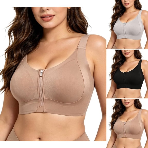 Bxsruta Front Zip Sports Bra for Women Plus Size Wirefree High Support Post Surgery Seamless Everyday Bra