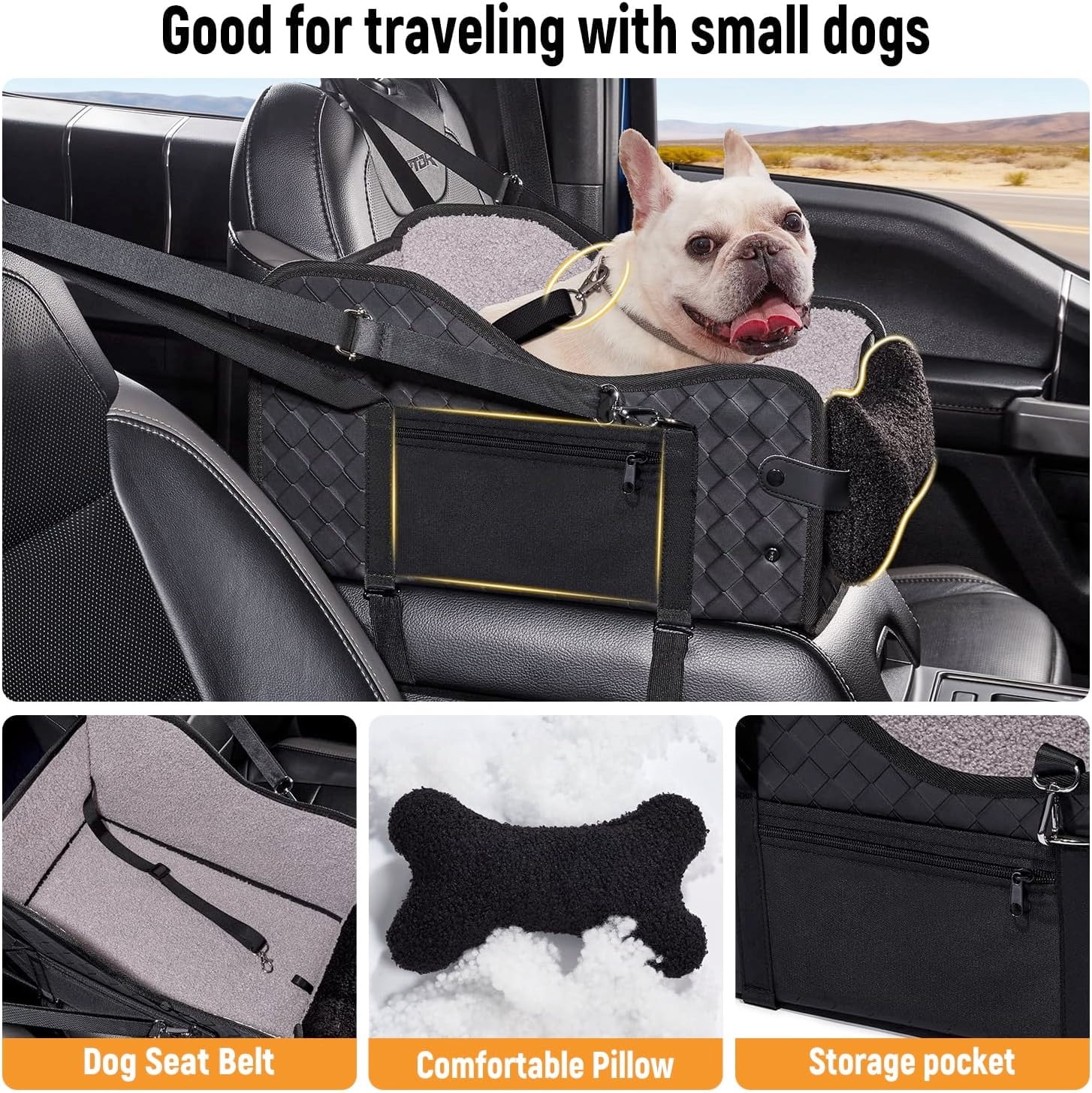 Sturdy Center Console Dog Car Seat for Small Dogs - Full-Size Truck Black