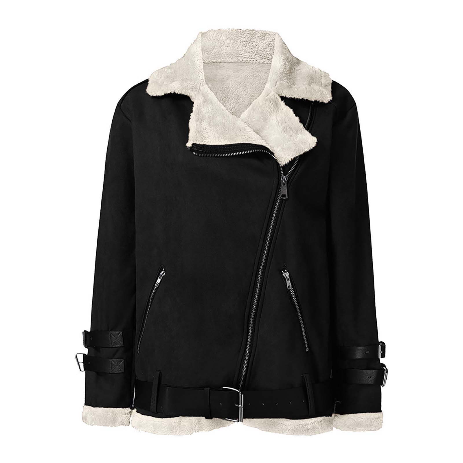 QATAINLAV Mothers Day Gifts! Womens Fashion Suede Faux Leather Sherpa Jackets Long Sleeve Warm Fleece Coat Zip Up Lapel Motorcycle Short Jackets Black M