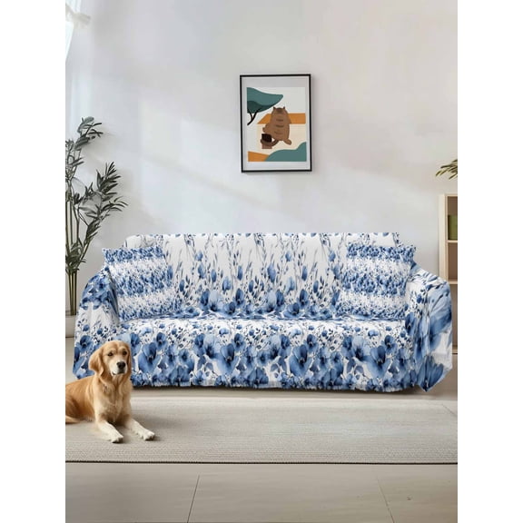 Blue Floral Couch Cover, Vintage Farmhouse Garden Flower Leaves Sofa Cover Blanket for Loveseat Couches, Sectional Sofa Slipcover Furniture Protector for Living Room Bedroom 71''x118''