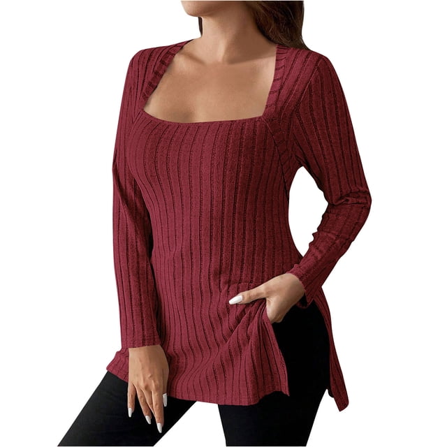 aidice Hauts Grande Taille pour Femmes à Côtes, Encolure Carrée, Manches Longues, Ajustés, Fente Latérale, Chandails d'Automne Confortables