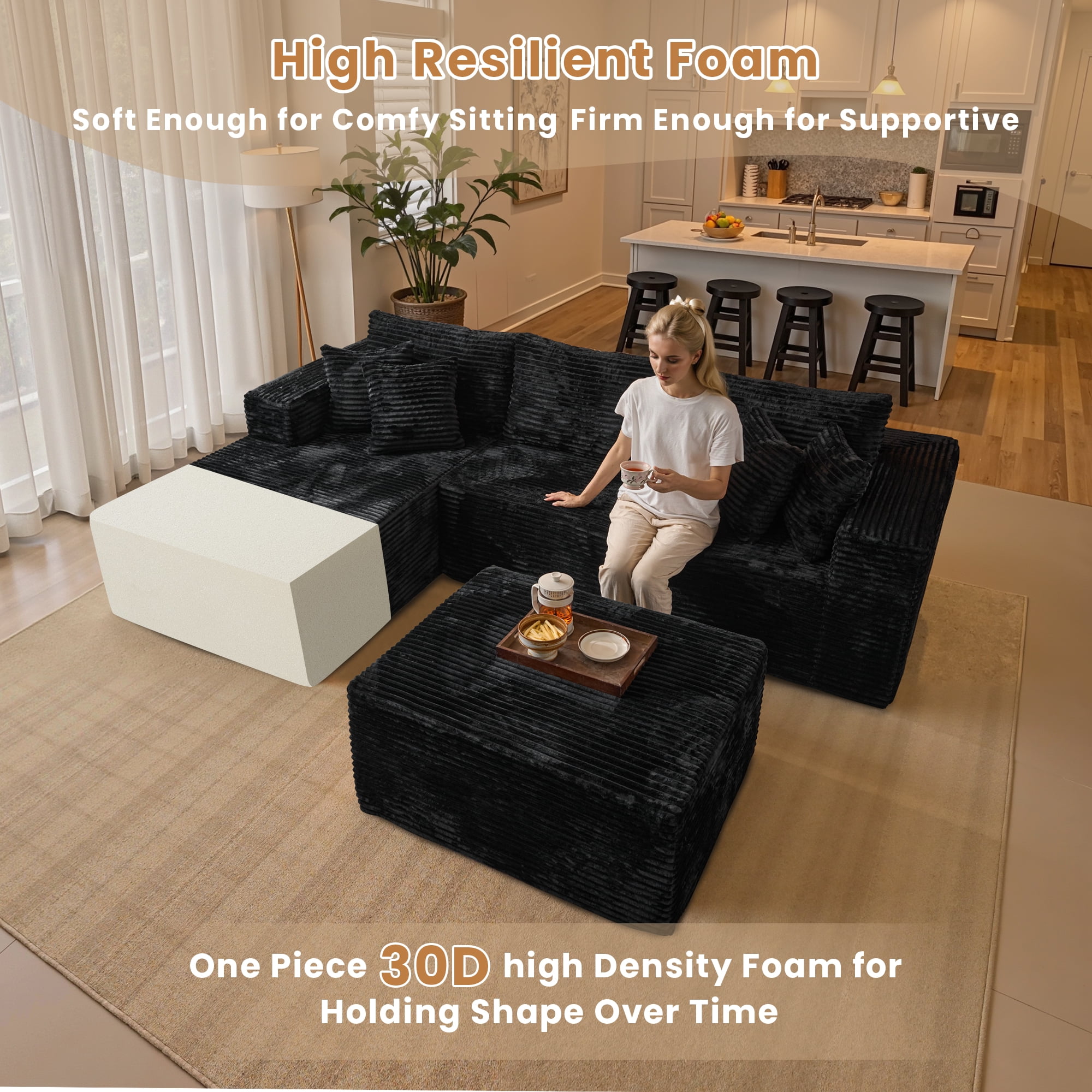Toject 108" Modular Sectional Sofa, Modern Cloud Couch with Ottoman, No Assembly Required, U-shaped Sofa for Living Room, Black