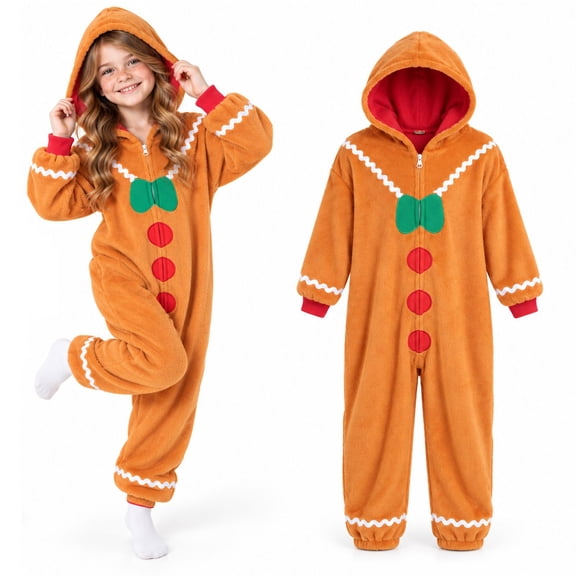 GOBWCOT Christmas Gingerbread Onesie Costume for Kids, Cookie Hooded Gingerbread Man Pajamas Loungewear for Xmas Party Holiday