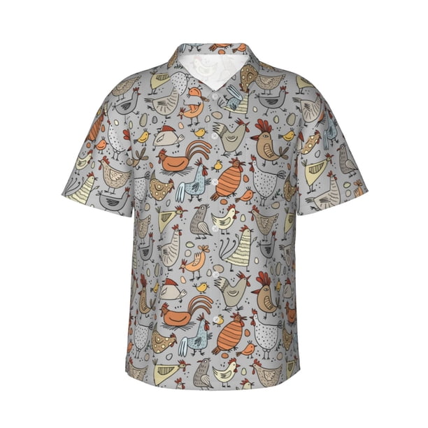 Balery Funny Chicken Camisas hawaianas de manga corta para hombre, camisas playeras de corte holgado, camisas de vacaciones con botones,Small