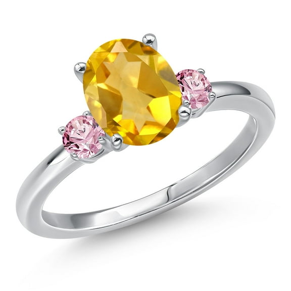Gem Stone King 14K White Gold Yellow Citrine and Pink Lab Grown Diamond Engagement Ring for Women | 1.76 Cttw | Oval 9X7MM | Gemstone November Birthstone | Size 8