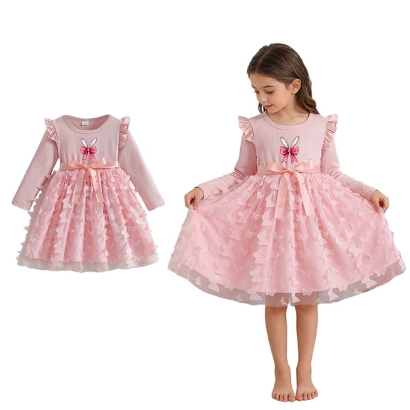 Easter Dress Girls Long Sleeve Bunny Print Dress Tulle Midi Dress Summer Dress Girls Size 4-5 Years Girls Dresses