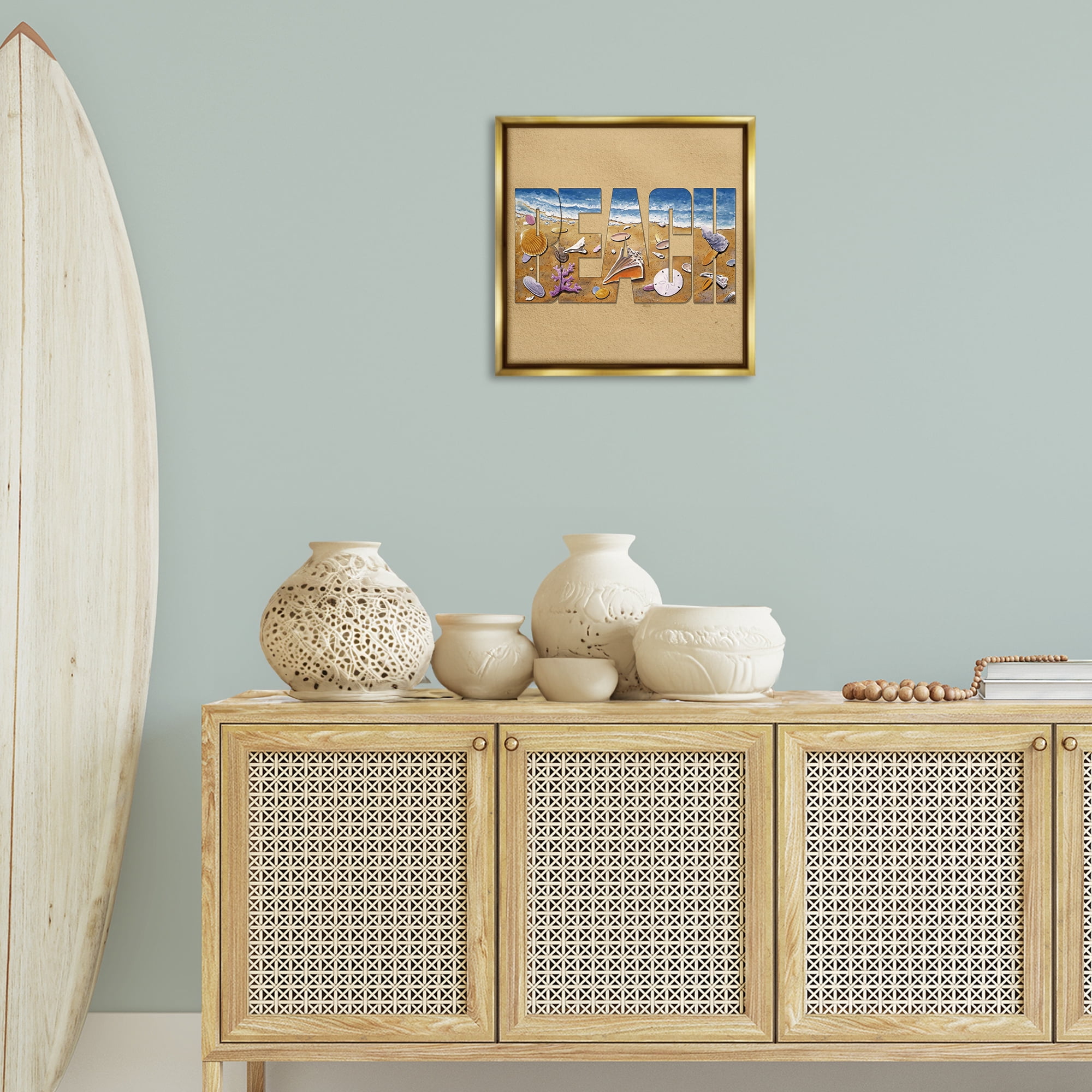 Stupell Industries Beach Letters Outline Nautical & Beach Painting Gold Floater Framed Canvas Art Print Wall Art, 18 x 18