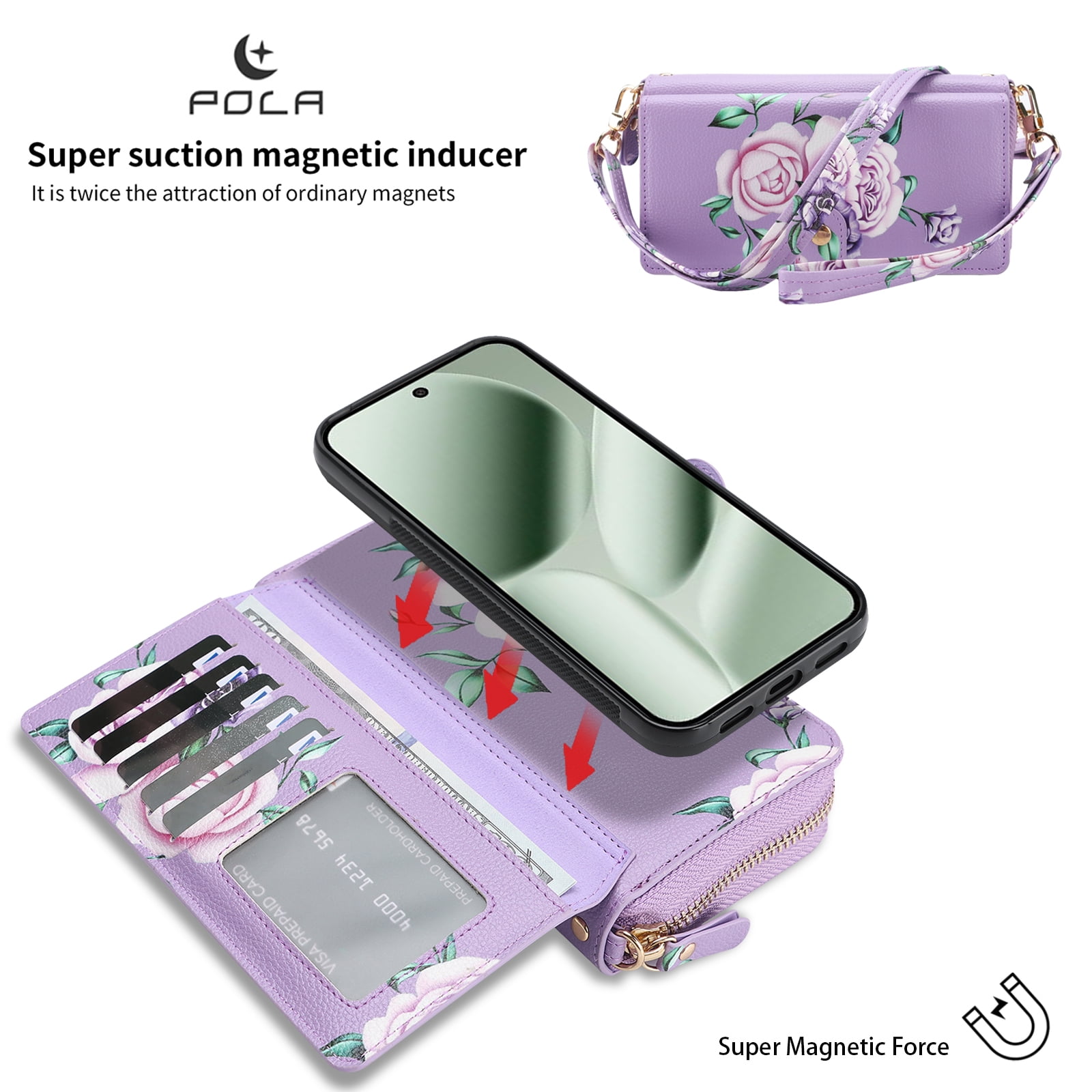 TECH CIRCLE 2-in-1 Wallet Case for Google Pixel 10 / 10 Pro (6.3", 2025), Detachable Magnetic Back Cover, Flip Flower Phone Case with 15 Card Slot, Zipper Pocket, Crossbody Strap, Wrist Strap, Purple