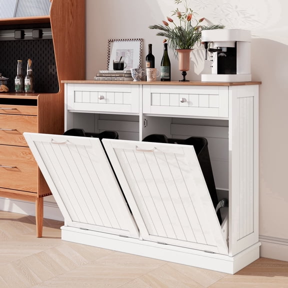 AHB Double Tilt Out Trash Cabinet with Drawers and Handles, Fits Two 13 Gallon Trash Bins, Kitchen Trash Can Storage Organizer, 40"L x 13"W x 36"H, White/Light Brown Top