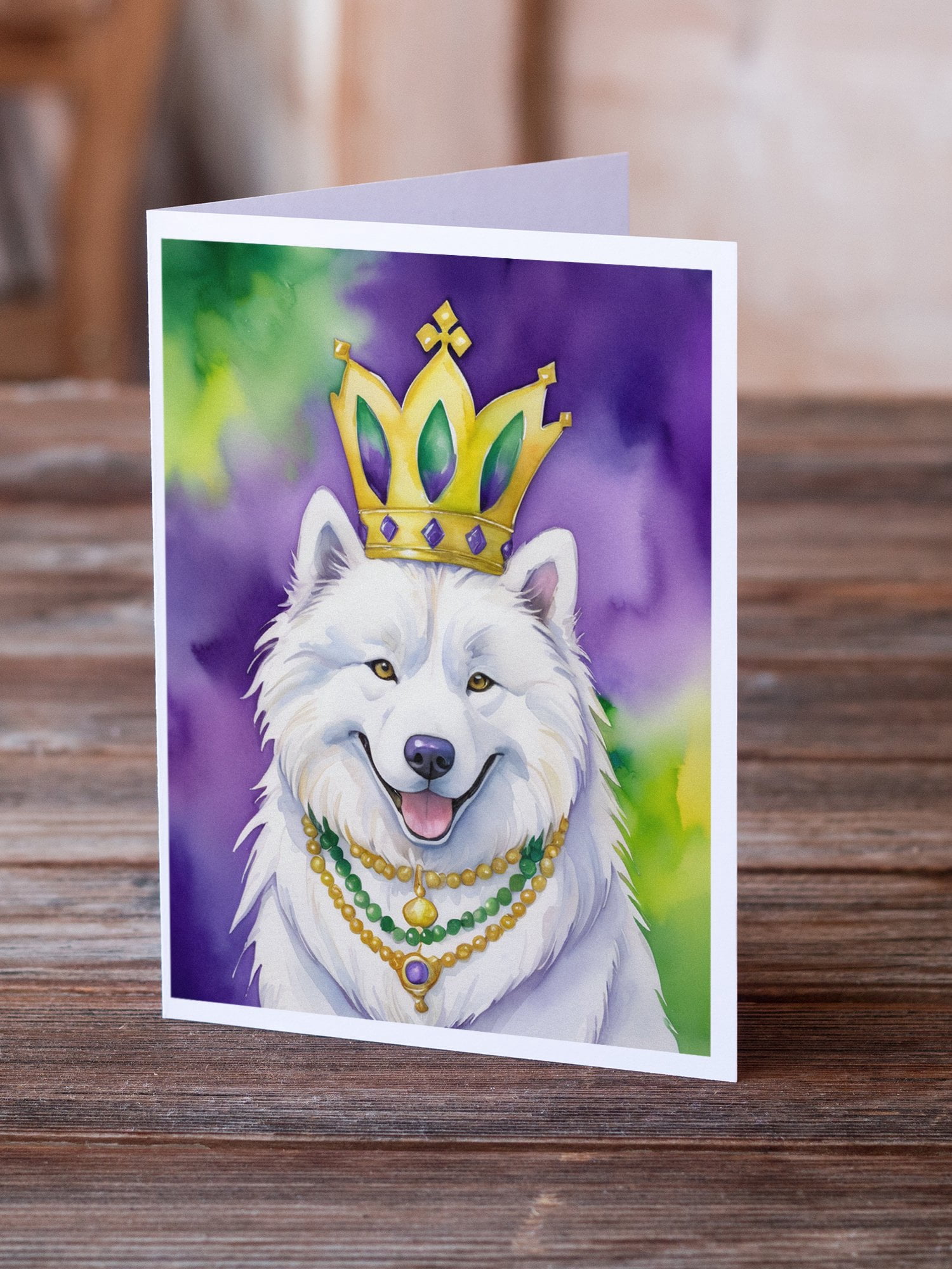 Samoyed King of Mardi Gras Greeting Cards Pack of 8 7 in x 5 in