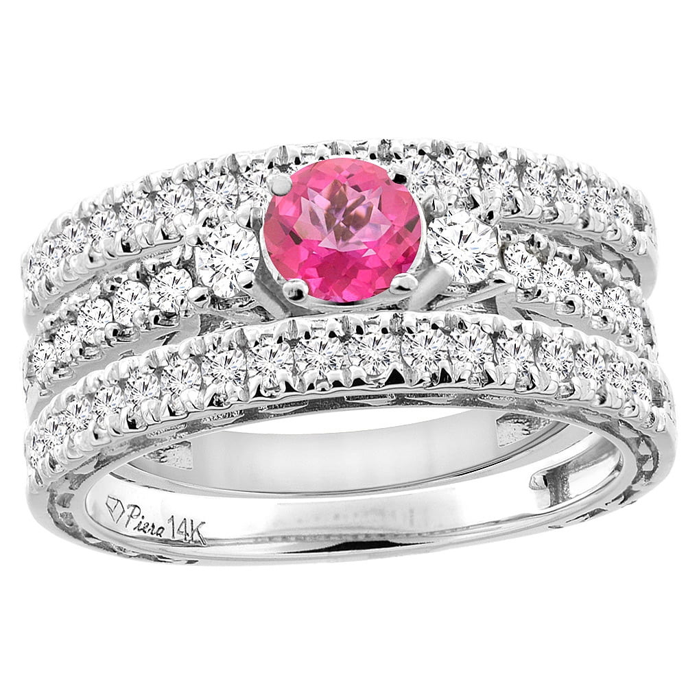 14K White Gold Diamond Natural Pink Topaz Engagement 3-pc Ring Set Engraved Round 6 mm, size 5 by Gabriella Gold