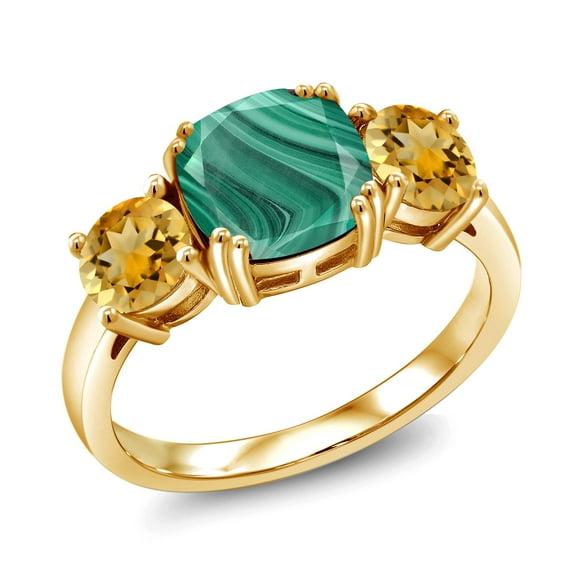 Gem Stone King 18K Yellow Gold Plated Silver Green Malachite and Yellow Citrine 3 Stone Engagement Ring for Women (4.45 Cttw, Gemstone, Cushion 8MM, Size 5)