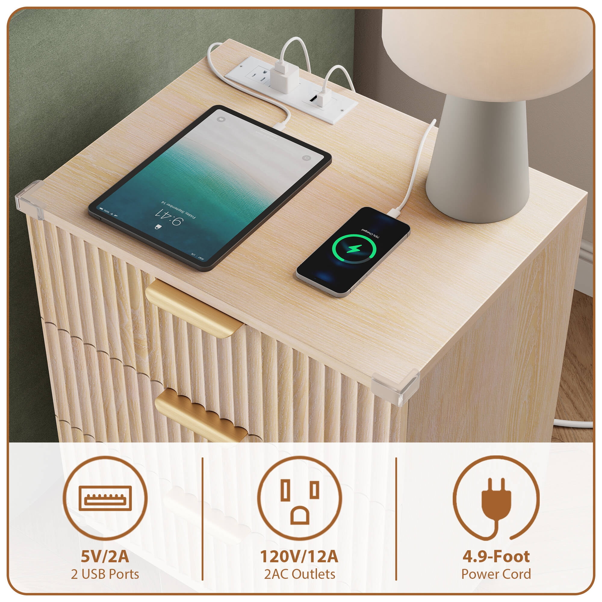 Laintene 3-Drawer Dresser for Bedroom, Nightstand with Charging Station - Modern Fluted with Solid Wood Legs, 2 AC Outlets & 2 USB Ports, Small End Table with Storage, Natural