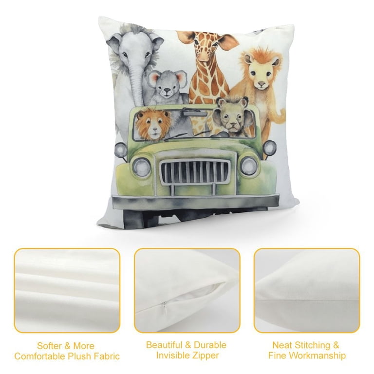 Set Of 4 Cartoon Animal Pillow Covers - Lion, Elephant, Giraffe Designs For Kids Room, Classroom, 18x18 Inches