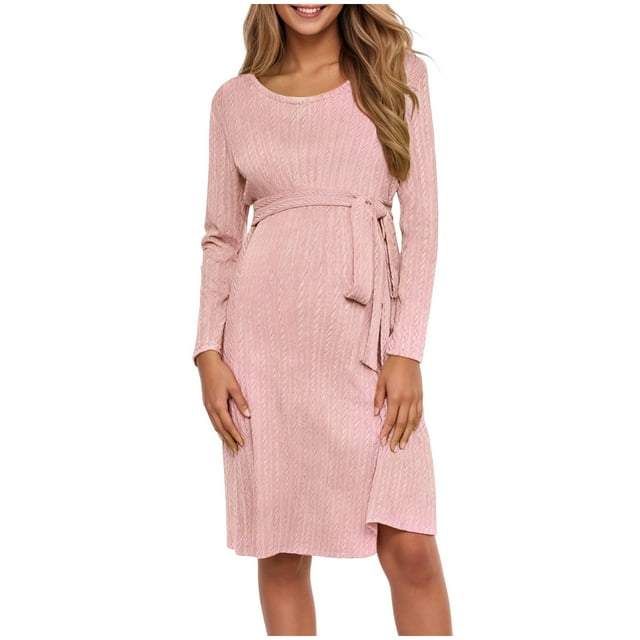 HSMQHJWE Robe Chandail de Maternité à Manches Longues pour Femmes, Justaucorps en Tricot Torsadé, Col Rond, Mini Pulls d'Automne à Manches Longues avec Ceinture