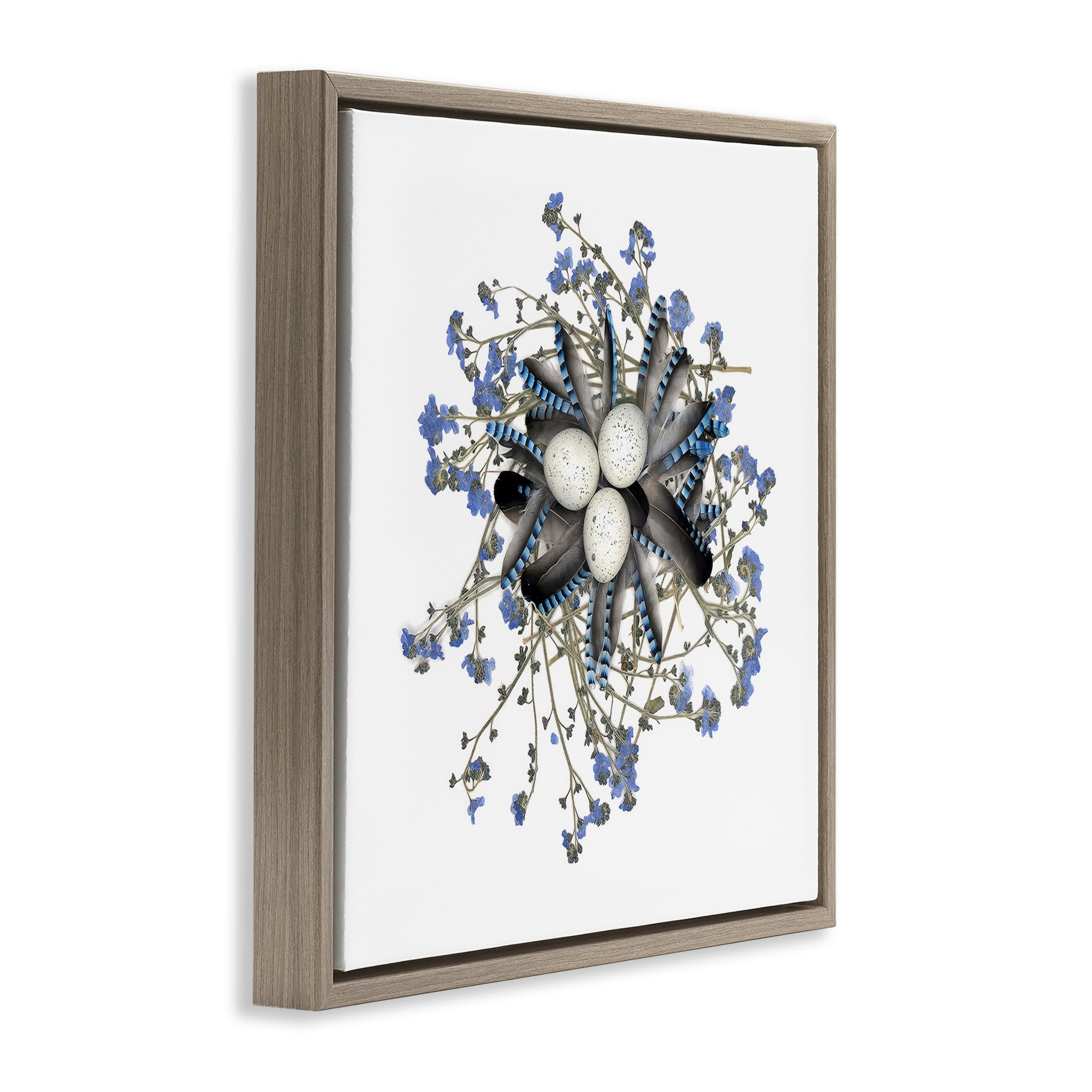 Stupell Industries Feathered Nest & Blue Florals Brown Framed Floater Canvas Wall Art, design by Beth Adoette