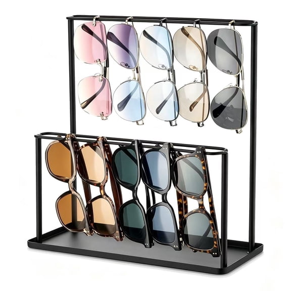 2 Tier Sunglasses Organizer Stand - Metal Eyeglass Holder with Tray for Desk, Nightstand, and Vanity, Black