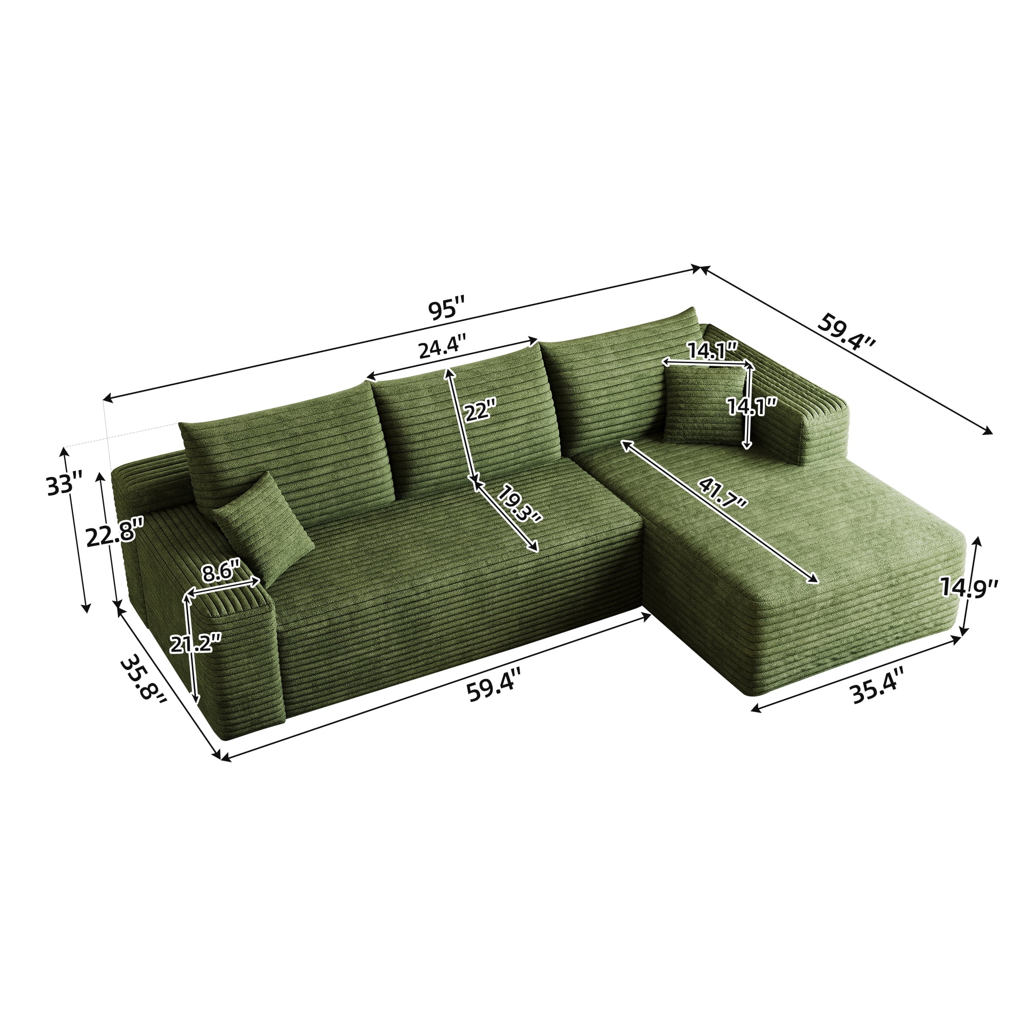 95-Inch Cloud Sectional Sofa with Plush Corduroy Fabric, U-Shaped Modular Couch and Corner Sofa for Living Room with Deep Seat, No Assembly Required, Green