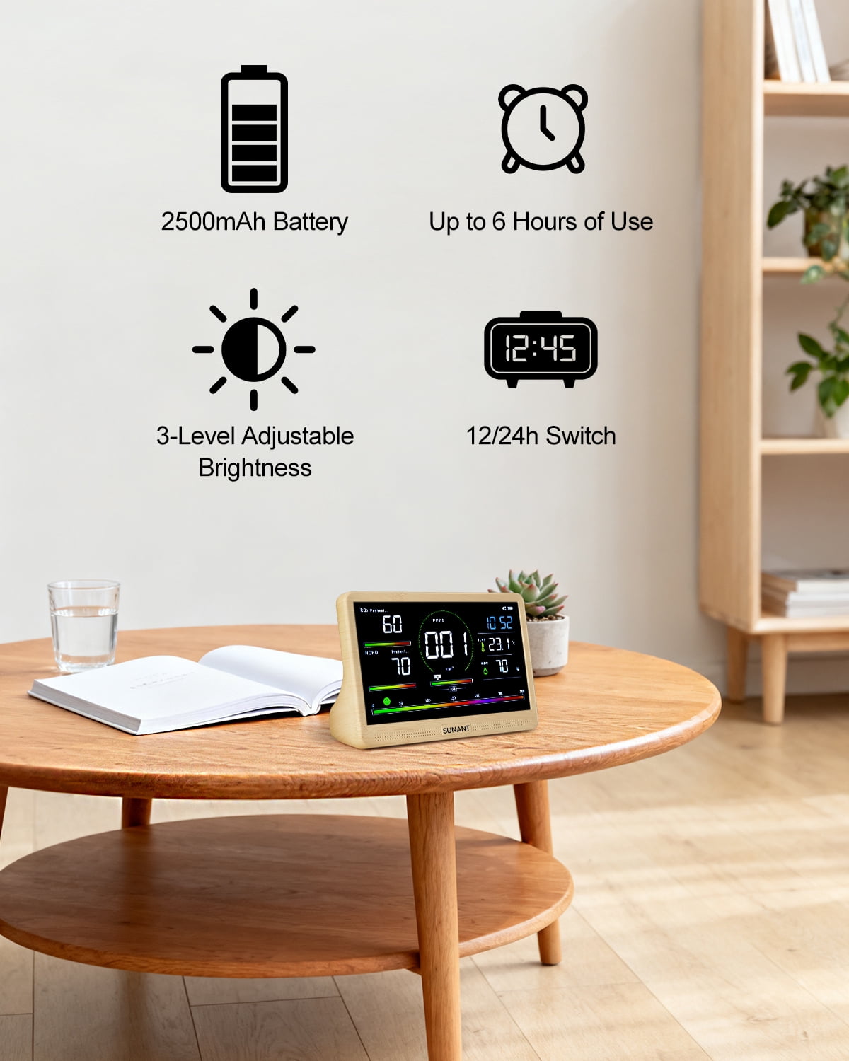 16 in 1 Air Quality Monitor Indoor Detects, CO2 Tester for CO2, TVOC, PM2.5, PM1.0, PM10, HCHO, Temperature Humidity AQI & Time, 2500mAh Battery Powered, LED Display, Auto Alert for Car, Office, Home