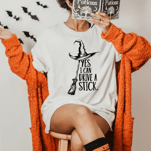RosaWear Yes I Can Drive A Stick Shirt, Funny Witch Broom Halloween Tee
