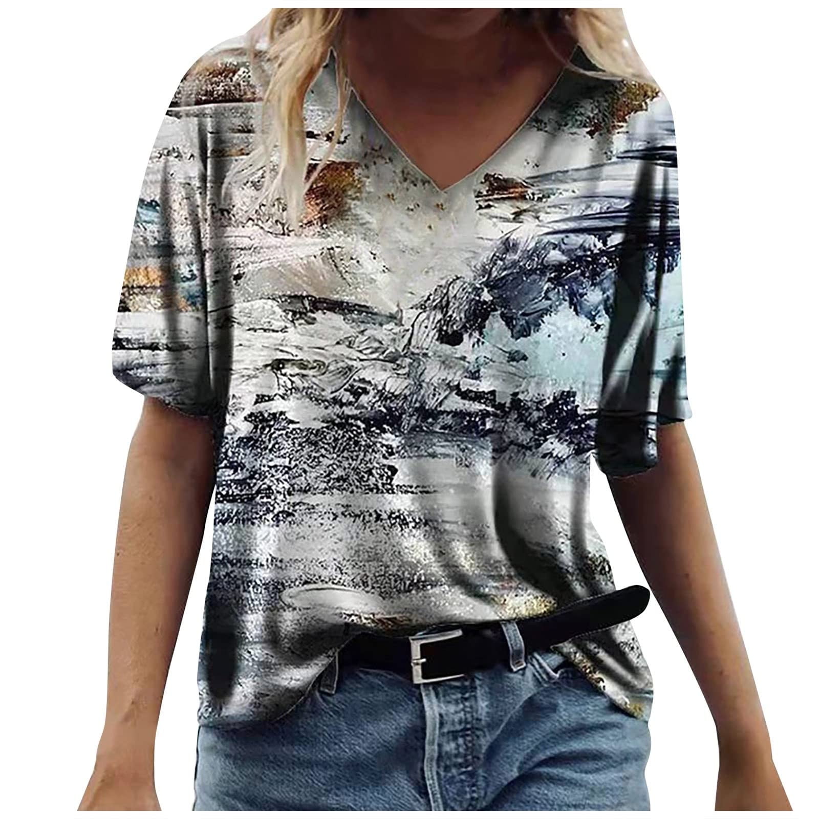 Plus Size Tops for Women Womens Fashion Summer T Shirt Loose Short Sleeve T-Shirt Crewneck Scenic Flowers Graphic Tee 