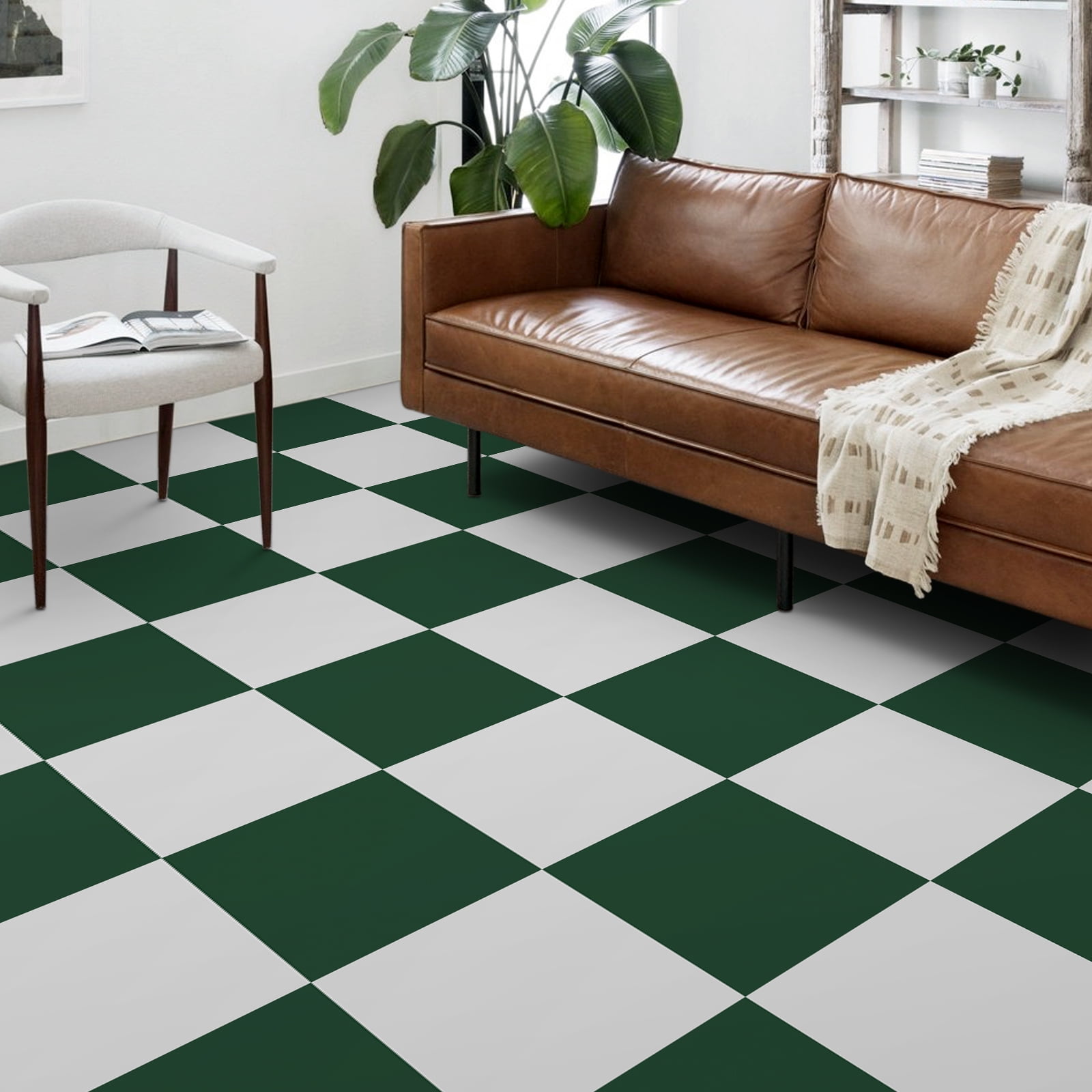 Abyssaly 12" x 12" (20Pcs) Peel and Stick Floor Tile Vinyl Flooring Checkered Floor Tile Suit for Bathroom and Kitchen (Green and White)