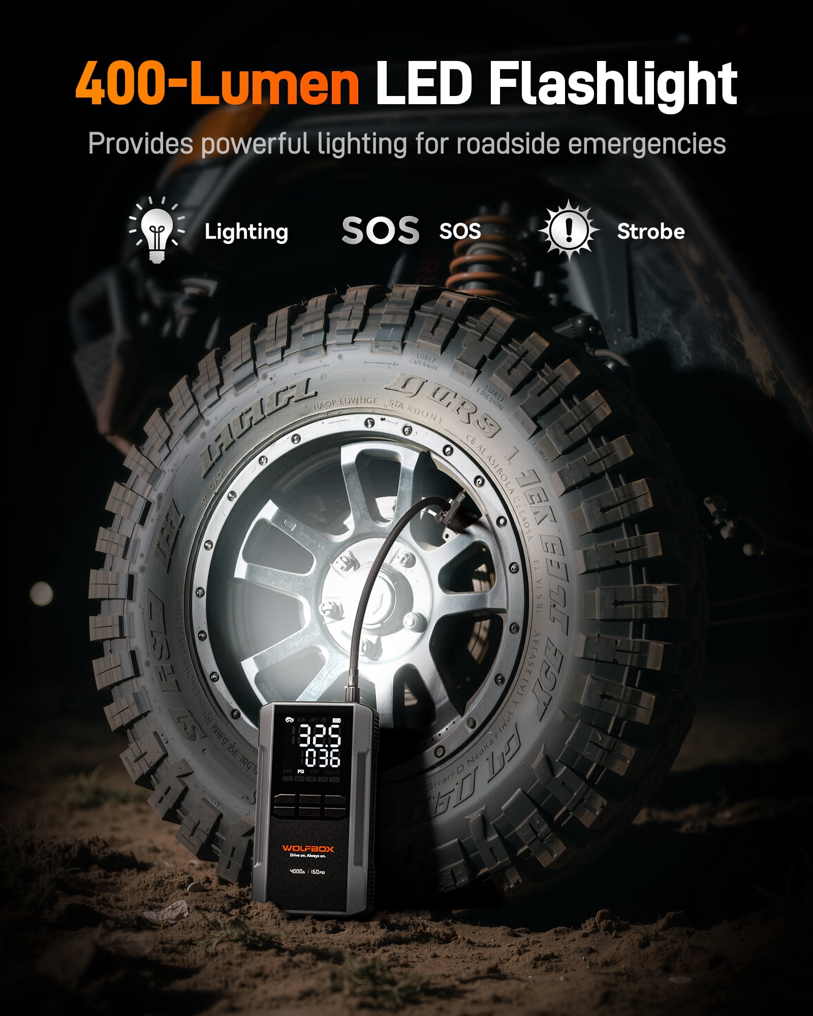 WOLFBOX 4000A Jump Starter with 160PSI Air Compressor, 65W Fast Charge, 24000mAh Battery Booster Portable Tire Inflator, for 10L Gas & Diesel Engines