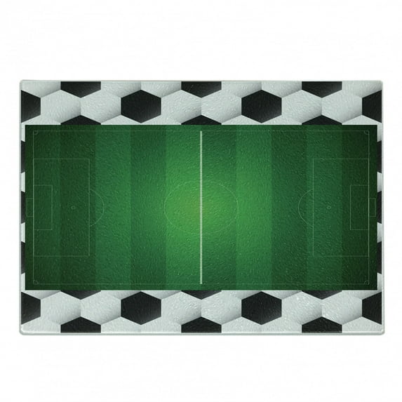 Soccer Cutting Board, Football Field with Hexagonal Ball Pattern Frame Sports Activity League Match, Decorative Tempered Glass Cutting and Serving Board, in 3 Sizes, by Ambesonne