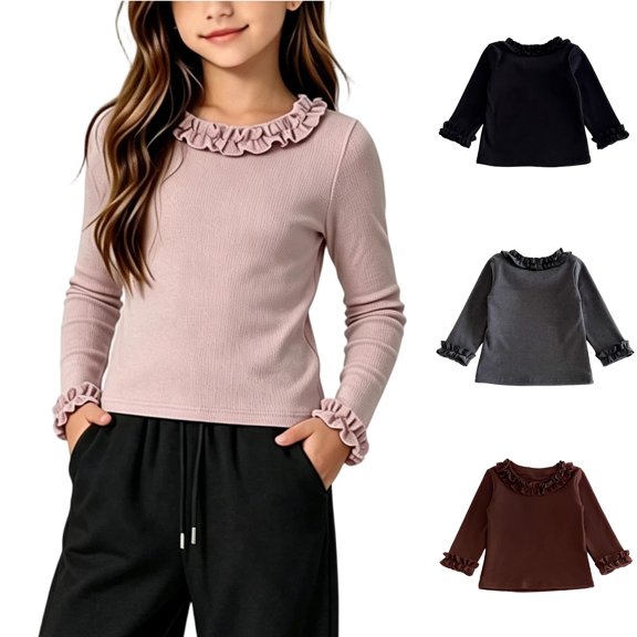 Asxite Girls Solid Tops Crew Neck Long Sleeve Lettuce Cuffs Fleece Lined Thermal Fall Winter Tee 7T