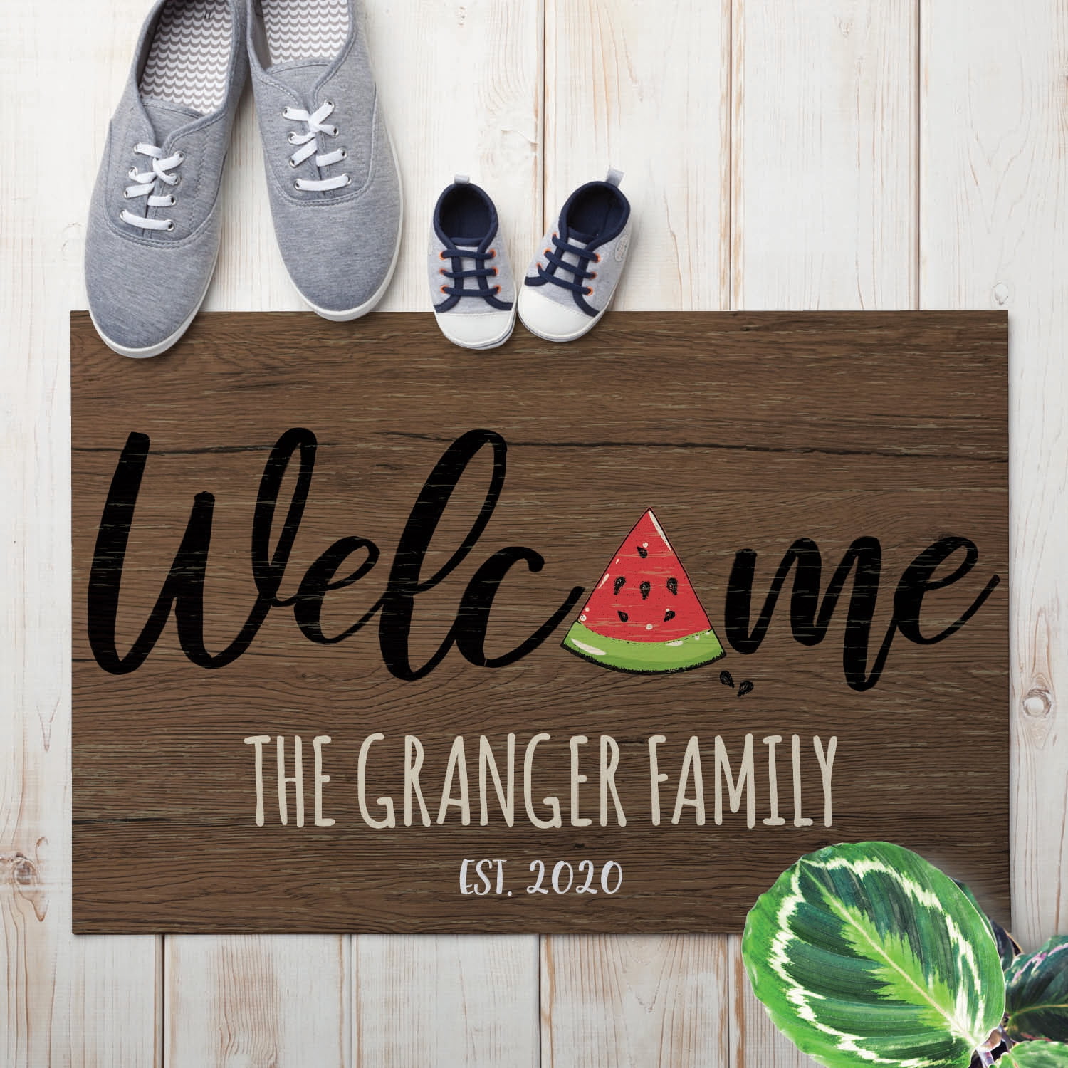Personalized Planet 27x18 Watermelon Welcome Doormat with Custom Personalization Printed on Brown Rectangular 1/8” Thick Non Slip Mat for Kitchen Hallway Deck or Porch