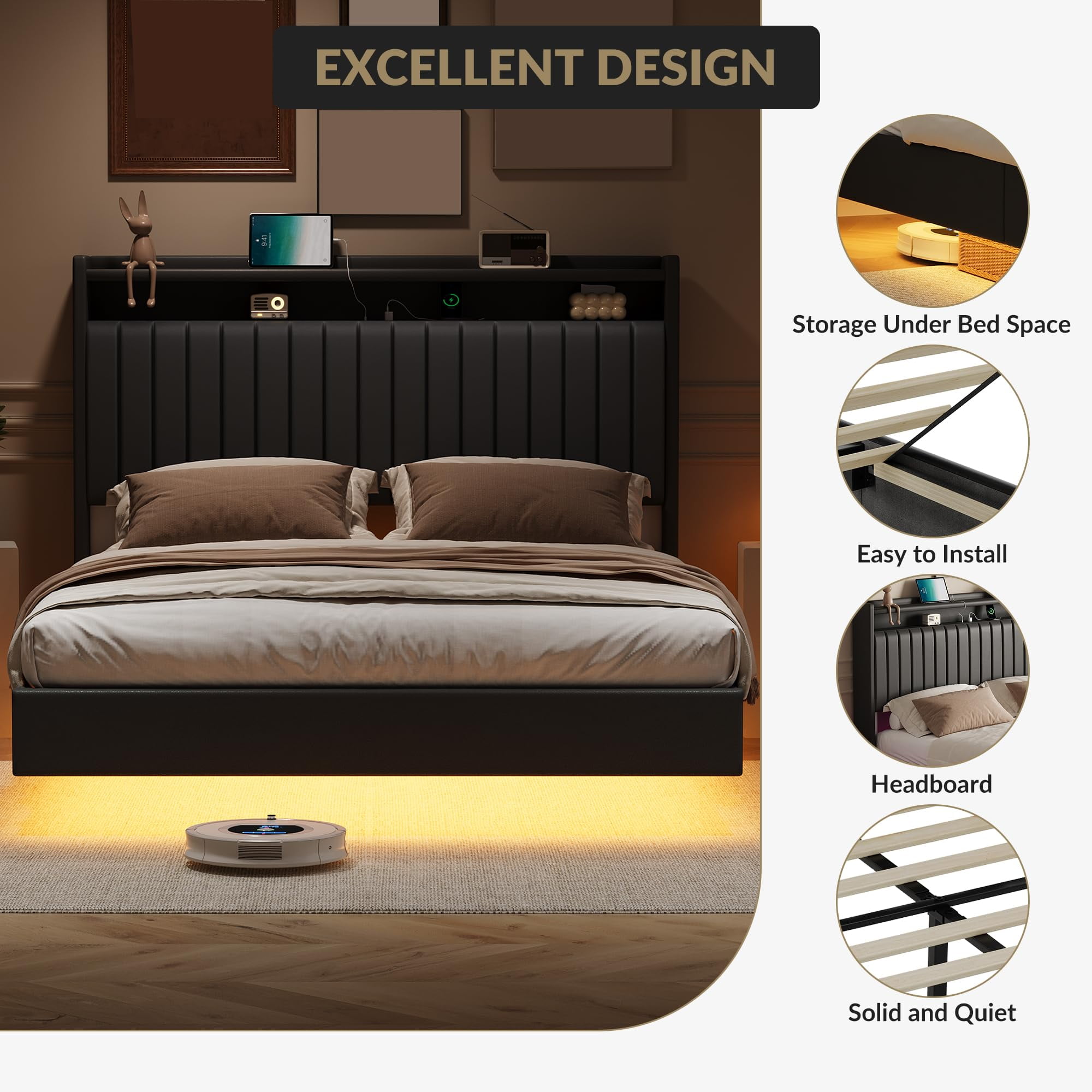 Towallmark Queen Size Floating Bed Frame with LED Lights & Charging Station,Upholstered Leather Platform Bed Frame with Headboard,50" Tall Floating Bed with Stable Structure,Black