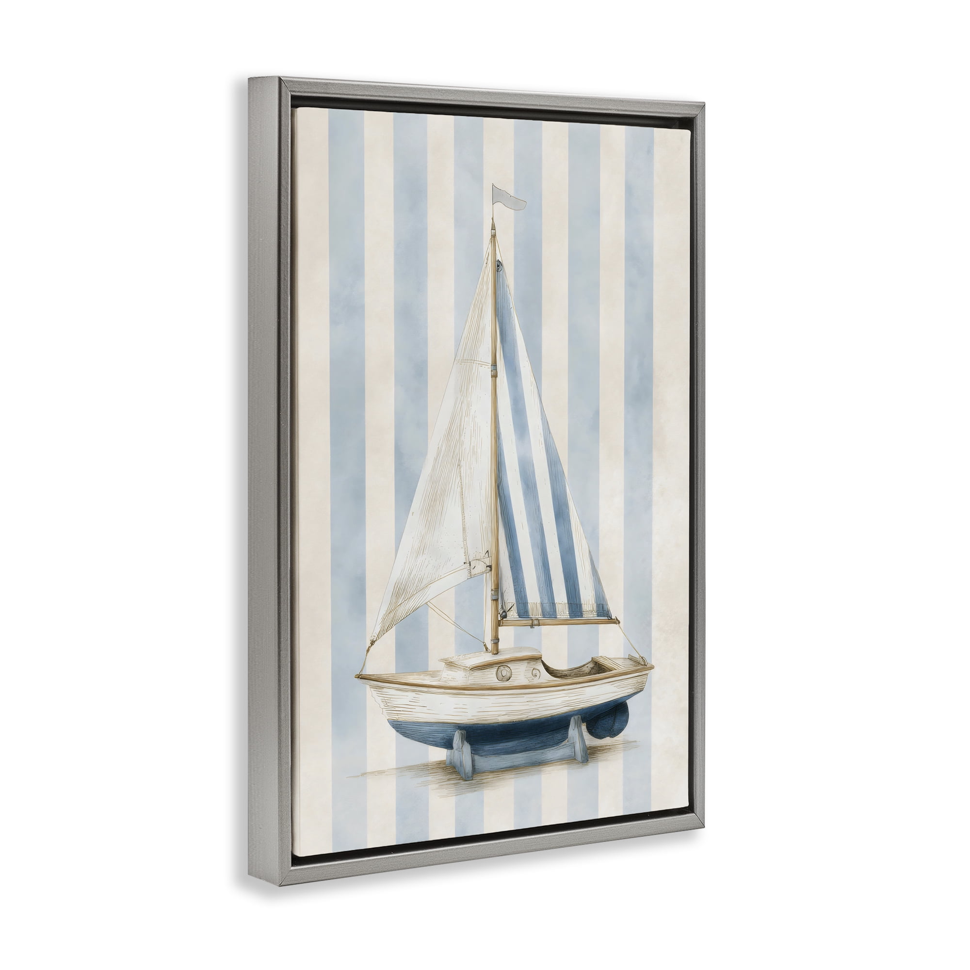 Stupell Industries Seaside Stripes Sailboat Gray Framed Floater Canvas Wall Art, design by Petal Prints Design