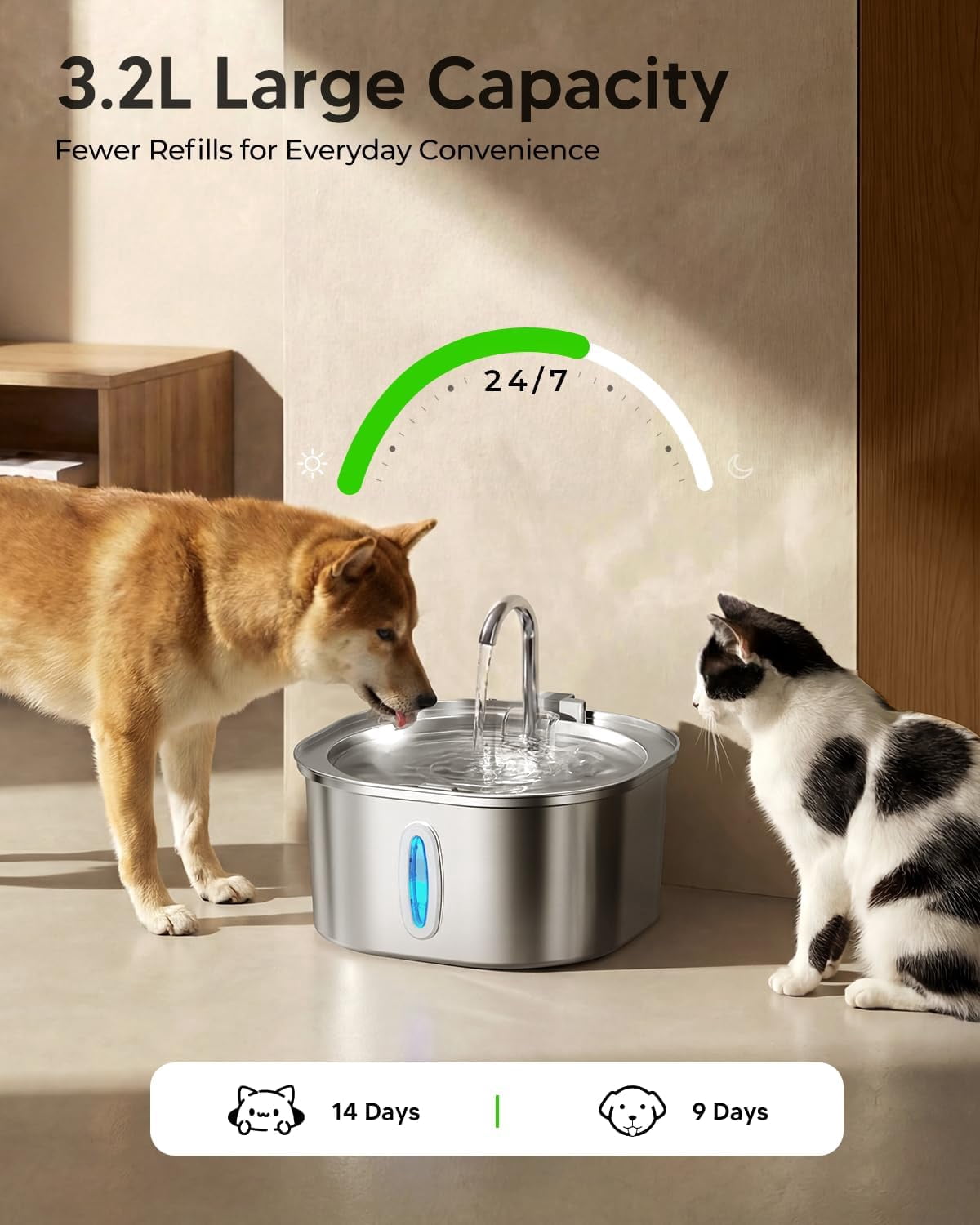 Stainless Steel Cat Water Fountain, 3.2L/108oz Pet Drinking Fountain with Quiet Pump, Dishwasher Safe