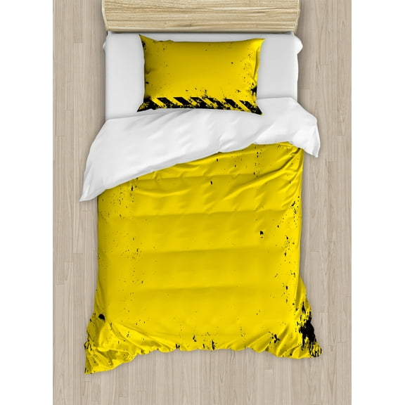 Vintage Yellow Duvet Cover Set Twin Size, Hazard Theme Caution Construction Tape Illustration with Grunge Look, Decorative 2 Piece Bedding Set with 1 Pillow Sham, Yellow Black, by Ambesonne
