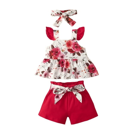 

Baby Girls Shorts Set Fly Sleeve Square Neck Strawberry/Flower Print Vest with Tie-up Shorts and Hairband