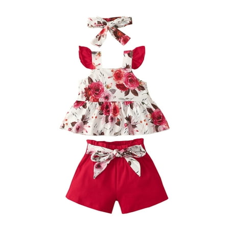 

Summer 3pcs Infant Baby Girls Shorts Set Fly Sleeve Flower Print Vest Tie-up Shorts Hairband