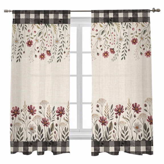 Fall Wildflower Sheer Curtains 72 inches Long, Watercolor Leaf Floral Black Plaid Linen Light Filtering Sheer Window Curtains Rod Pocket Voile Drapes for Bedroom Living Room, 52"W x 72"L 2 Panels
