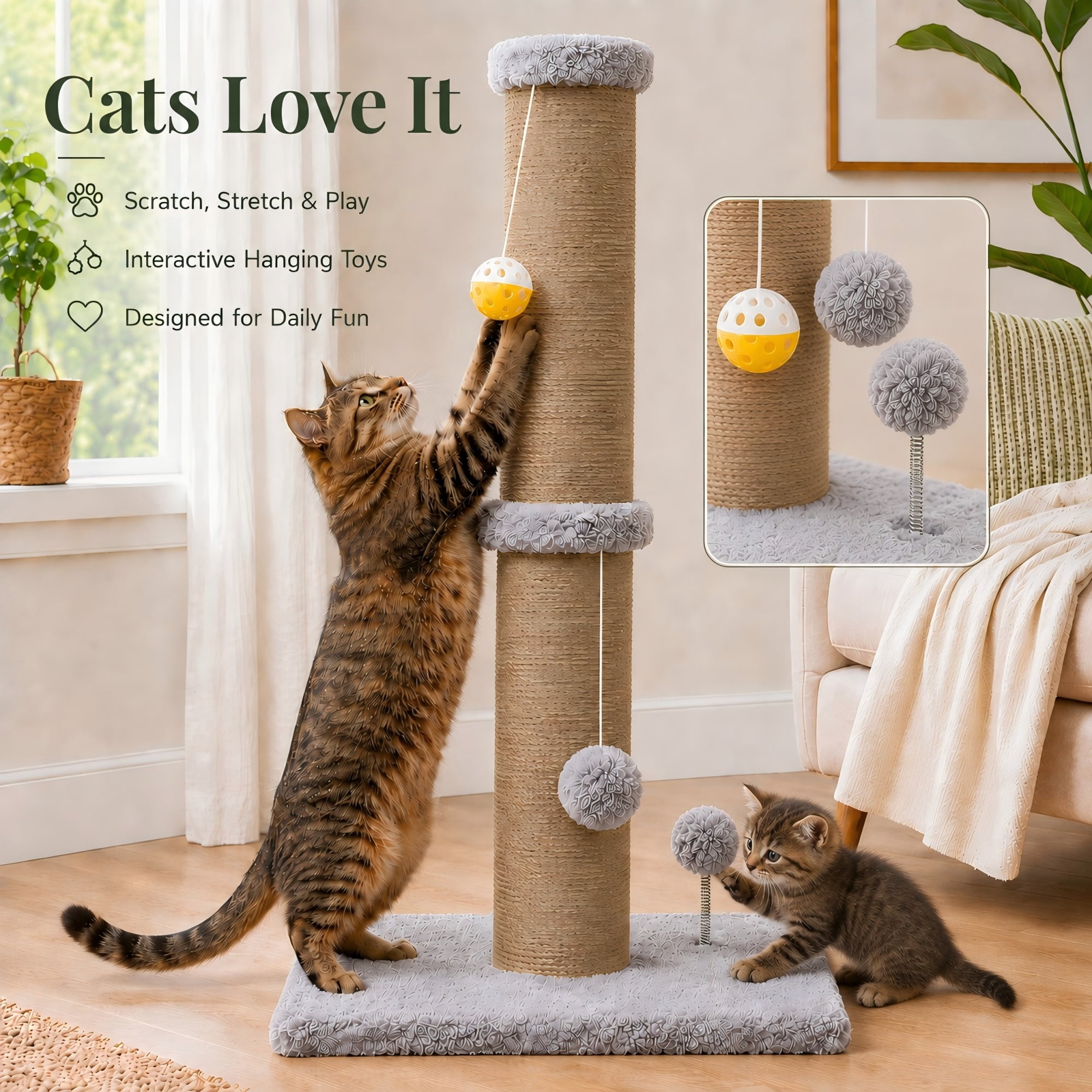 PELUOMOZ 5-Inch Thick Sisal Cat Scratching Post with Top Platform and Extra-Stable Base, Gray
