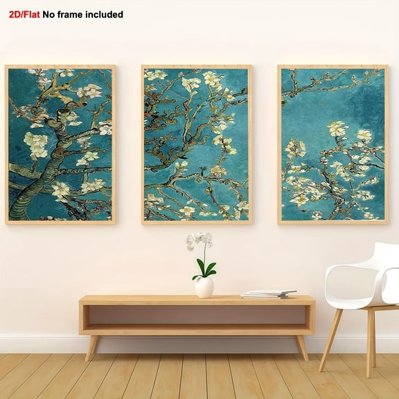 3pcs, Decorative Paintings, 2D Flat Frameless Canvas Art Set of Three: Van Gogh's "Almond Blossoms" Wall Décor Trio. Elegant Floral Triptych Inspired by van Gogh’s Almond Flowers for Home Living Roo