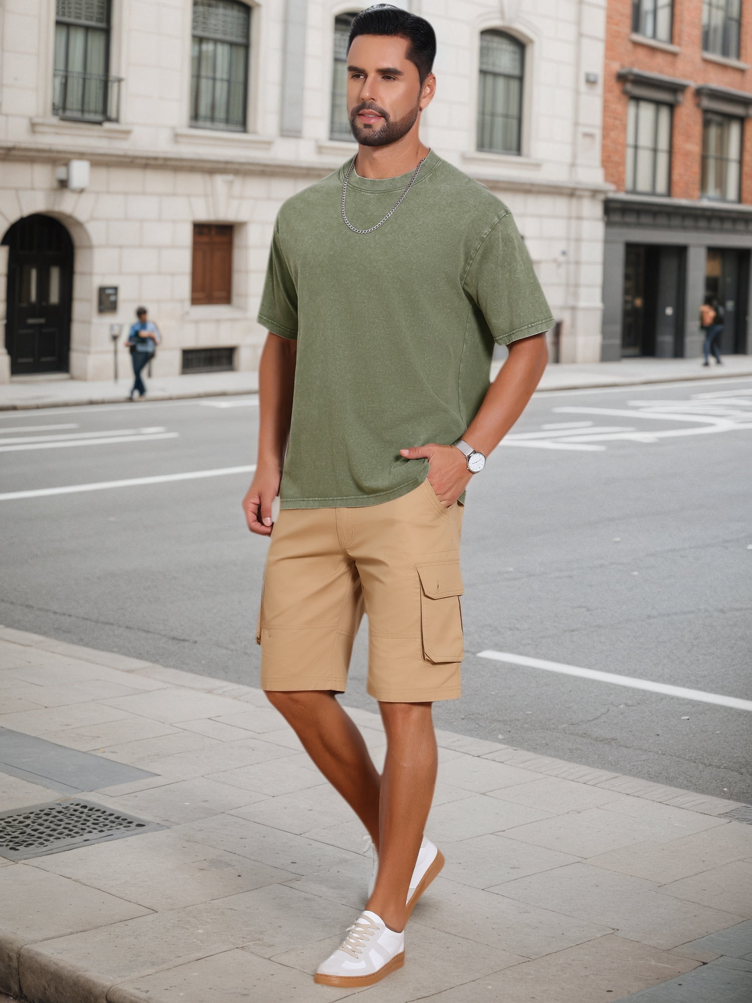 DARING DIVA Men's Retro Distressed Crew Neck Short Sleeve Solid T-Shirt L Olive Green