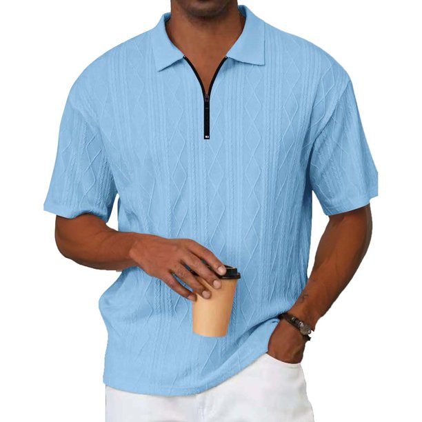 Blusa y camisa de manga corta con cuello vuelto para hombre, holgada, de punto, de verano, con cuello, transpirable, con cremallera, de manga corta, para hombre