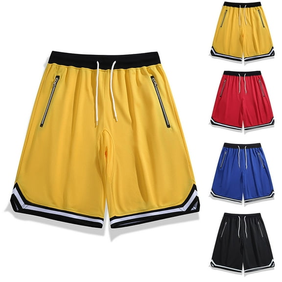FRSASU Men's Mesh Basketball Shorts Lightweight Quick Dry Mesh Athletic Running Gym Striped Shorts with Zip Pocket. Yellow