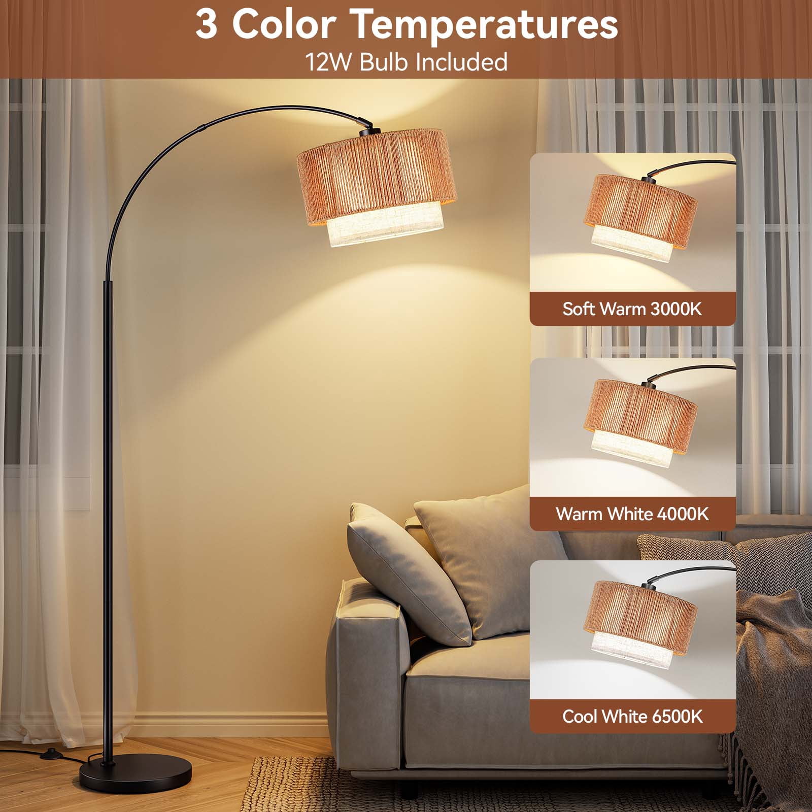 SUNMORY Floor Lamps for Living Room with 12W LED Bulb, Arc Floor Lamp with 3 Color Temperatures, Farmhouse Floor Lamps with Adjustable Rattan & Fabric Shades, Boho Standing Lamp for Bedroom, Corner