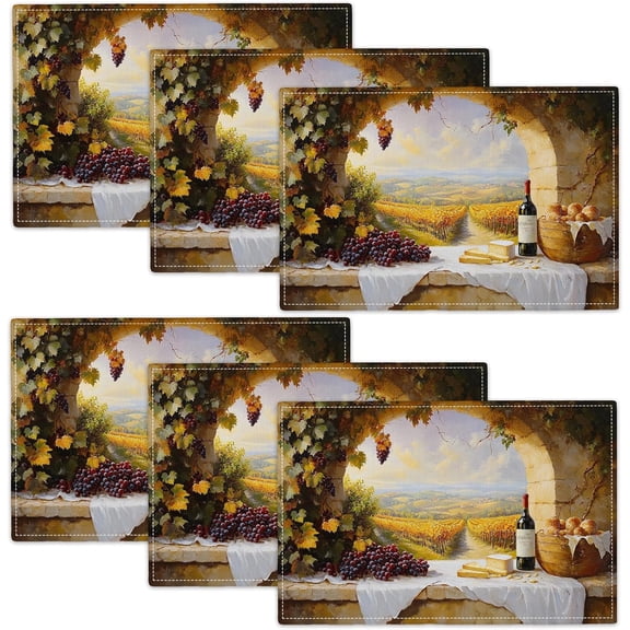 Wine Placemats Set of 6, French Country Grape Place Mats, Grapes Waterproof Washable Table Mats for Home Party Indoor Kitchen Dining Table Decoration 12x18 Inch