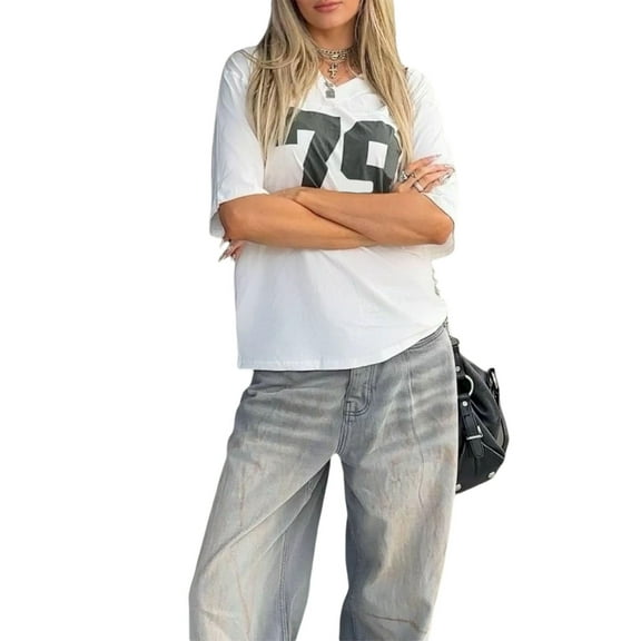 Rdhnmea Women Loose Basic T-Shirt Casual Summer Number Print Short Sleeve Tops