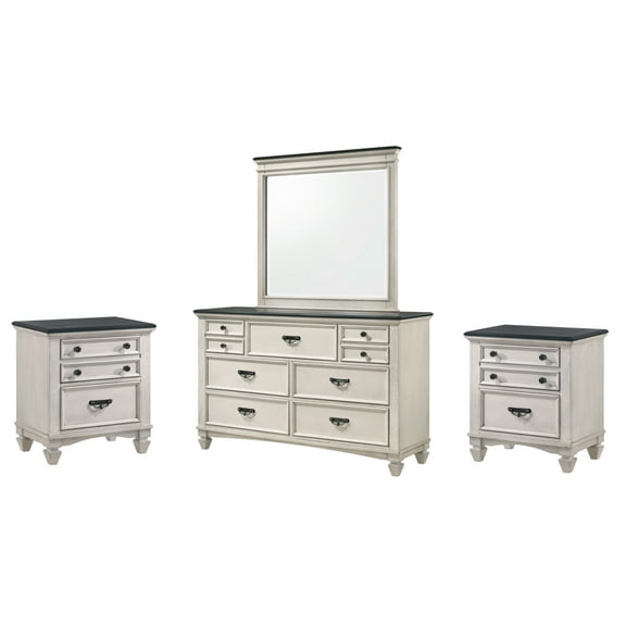4Pc Sawyer Beige/Black Bedroom Dresser Mirror Nightstand Set Wooden Furniture