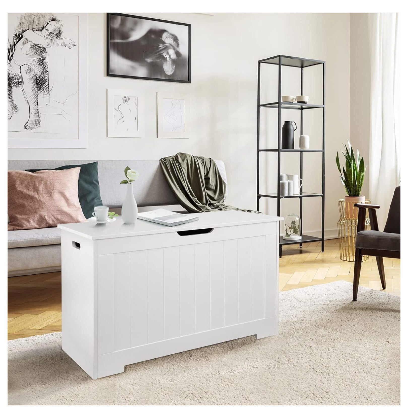 30'' Toy Box Storage Chest Trunk for Boys Girls Kids,Wooden Storage Bench Organizer Box Shoe Blanket Chest,w/2 Safety Hinges,for Living Room,Bedroom,Entryway(White)