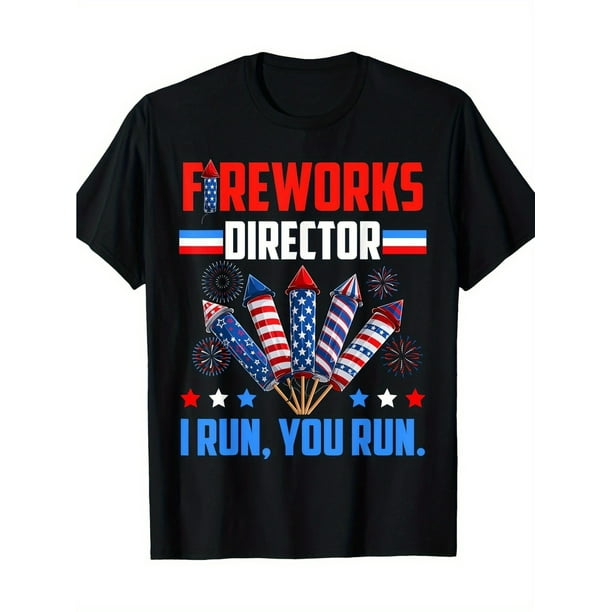 Boys Tee - "Fireworks Director If I Run You Run" Graphic, 180g 100% Cotton, American Flag Rocket and Stars Design, Casual Short Sleeve Tee