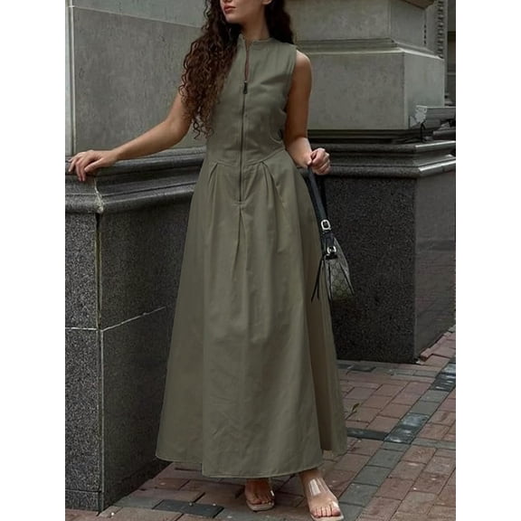 Women’s Olive Green Sleeveless Zip Front Maxi Dress Stand Collar Pleated A Line Dress with Side Pockets